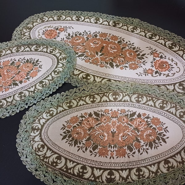 3 Unused Vintage  Belgium Brocade Table Runners with Green Metallic Trim, Orange Floral Belgian Tapestry Oval Table Mats, Antique Doily