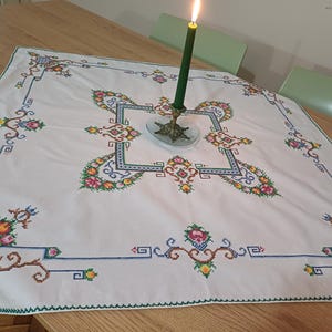 Mantel de lino blanco con punto de cruz floral, mantel bordado a mano, mantel navideño