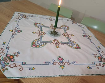 Floral Cross Stitch White Linen Tablecloth, Hand Embroidered Table Overlay, Christmas Table Cover