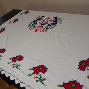 Antique Hand Embroidery Curtain with Rose/ French Country Curtains/ Turkish Folk Art Embroidered White Cotton Tablecloth, Commode Doily/Gift