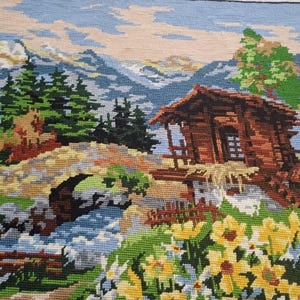 Finished Countryside Landscape Cross Stitch Embroidery Wall Art, Needlepoint Tapestry Summer Cottage With Trees and Flowers Wall hanging
