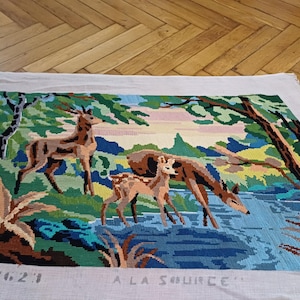 Arte de pared bordado con ciervos en el bosque, tapiz francés hecho a mano sin marco, decoración de granja.