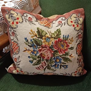 Needlepoint Wool Cushion Cover, Antique French Gobelins Tapestry Weave Pillowcase, Rose Cross Stitch Decorative Couch Throw Pillow