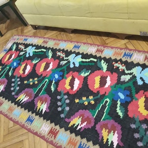 Handwoven Karabagh Kilim Rug, Vintage Floral Turkish Karabag Rug, Handmade Organic Wool Kelim, Decorative Kilim Rug, Home Decor