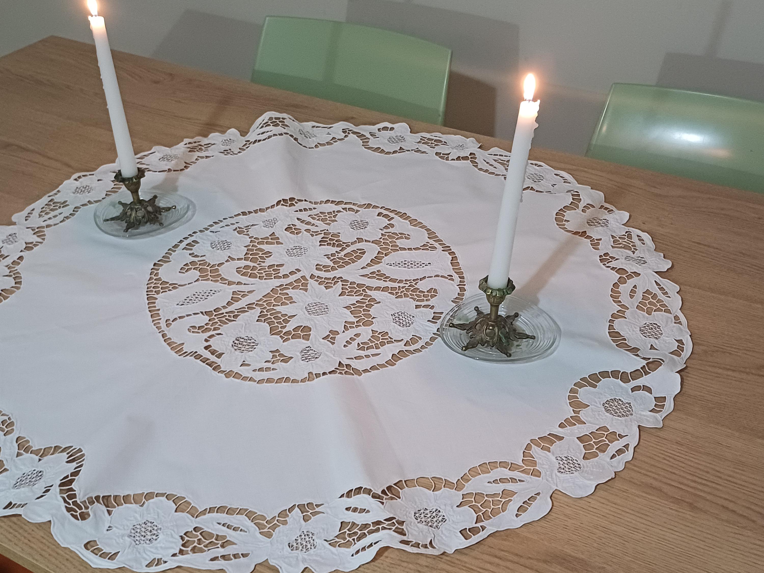 Vintage Handmade Cutwork Embroidery Tablecloth: White Cotton Lace, 33.4 ...
