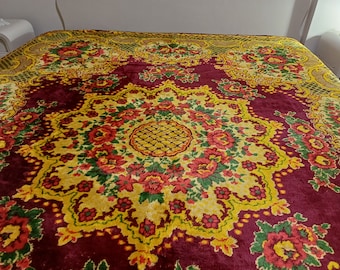 Vintage Velvet Bed Cover, Rustic Large Shiny Floral Tapestry Velour Coverlet, Blanket, Rug, Sofa cover