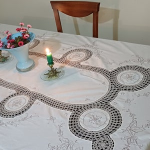 Madeira and Lace Large Tablecloth, Handmade Gray Floral Embroidery Cream Cotton Linen Rectangle Antique Table Linen