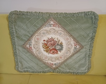 Vintage Green Velvet Tapestry Pillow Cover with Belgium Floral Brocade