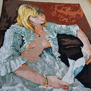 Finished French Needlepoint Young Woman Portrait Tapestry, Handmade Unframed Vintage Reading Girl Cross Stitch Gobelin
