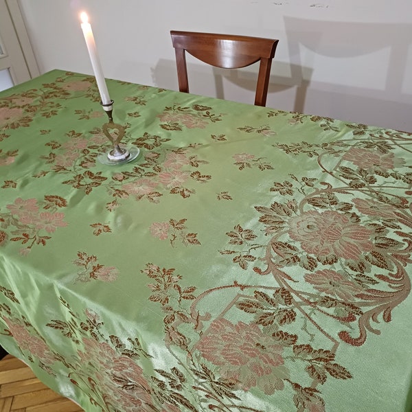 Nappe ou couvre-lit en satin soyeux vintage, couvre-lit damas vert brillant italien ou jet de canapé avec des fleurs roses