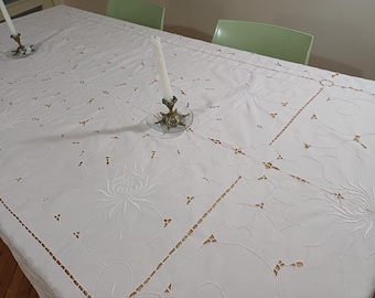 Powder Pink Madeira Embroidery Tablecloth with Scalloped Edge, Handmade Cutwork Table Cover