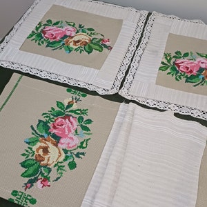 2 Rose Cross Stitch Gobelin Pillow Cover with Lace Trim and Table Runner, Unique Triple Hand Embroidered Gobelin Needlepoint Tapestry Set