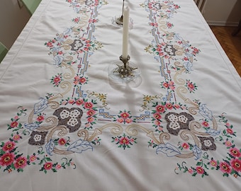 Large Hand Embroidered Floral Cross Stitch Cream Linen Tablecloth with Crochet Lace Details