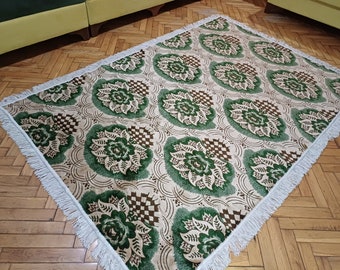 Cubierta de sofá de terciopelo vintage sin usar, manta retro, alfombra de terciopelo de tapiz floral verde con flecos boho, colcha