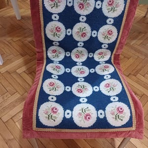 Antique Wool Needlepoint Table Runner, French Aubusson Rose Wool Tapestry Rug Doormat, Hand Embroidery Table Topper, Farmhouse Decor