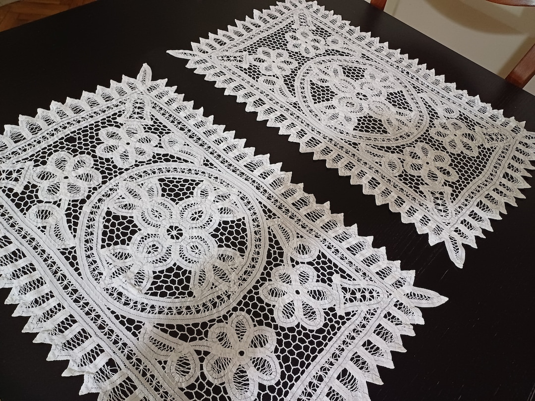 2 Vintage Brussels Lace Table Runners, Cotton Table Mats With ...