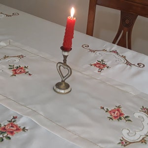 Cream Satin Homemade Table Cloth and Table Runner with Rose Embroidery Applique/ Hand Embroidered Christmas Tablecloth