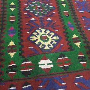 Oushak Kilim Rug with Colorful Geometric Design, Handmade Organic Wool Vintage Turkish Anatolian Area Kilim Rug