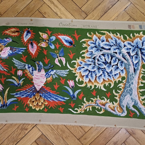 Completed Birds and Tree Needlepoint Wall Art, Large Vintage Unframed Hand Embroidered French Canvas Tapestry Artwork
