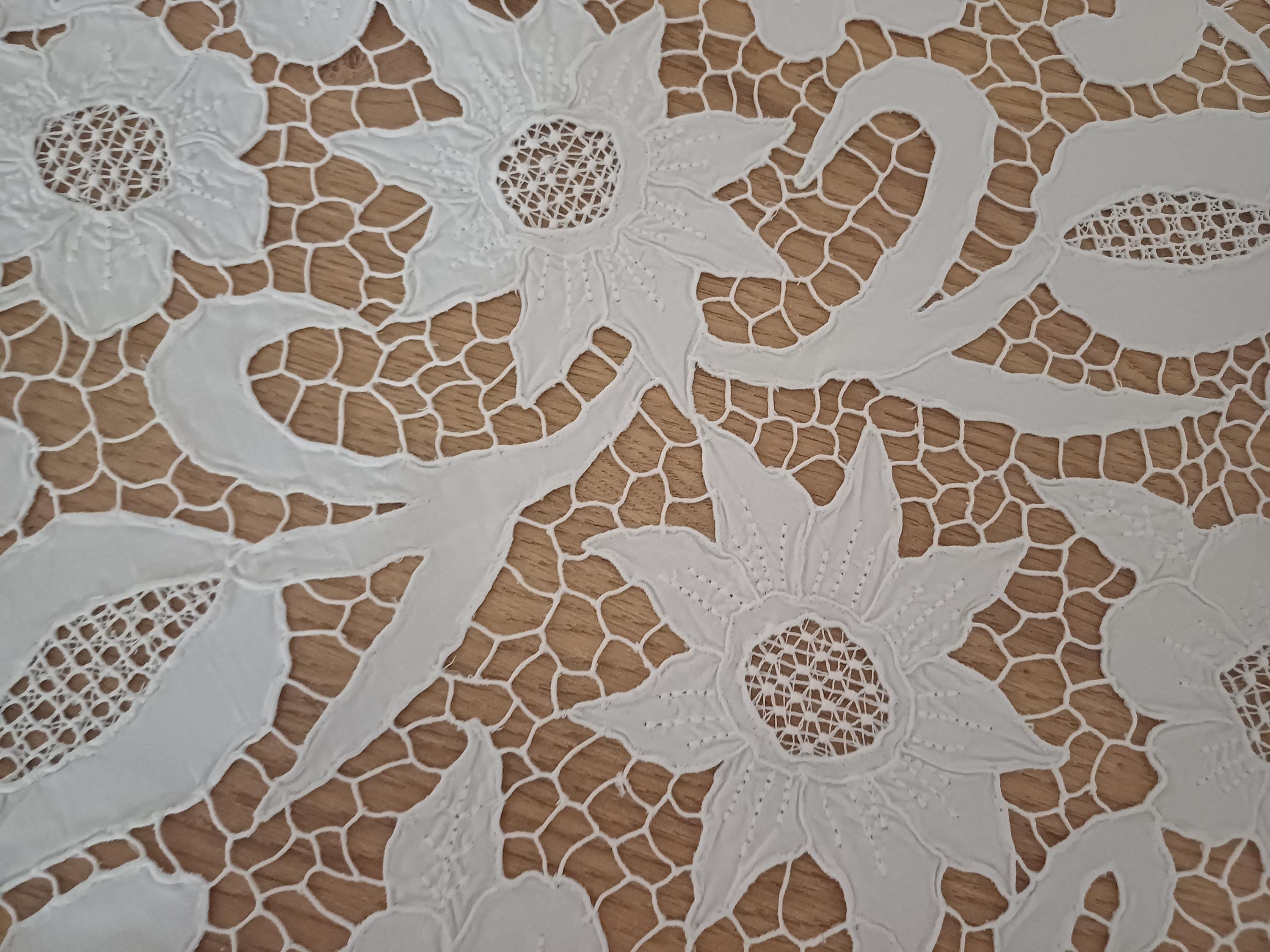 Vintage Handmade Cutwork Embroidery Tablecloth: White Cotton Lace, 33.4 ...