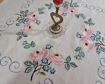Vintage Embroidered Square Linen Tablecloth, Pink Rose Table Decor