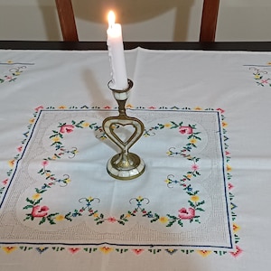 Floral Cross Stitch Off White Linen Tablecloth, Hand Embroidered Table Overlay, Christmas Table Cover