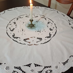 39 inch Round Cutwork Embroidered White Tablecloth with Scalloped Edge, Handmade Whitework Lace Embroidery Cotton Table Linen, Gift for Her