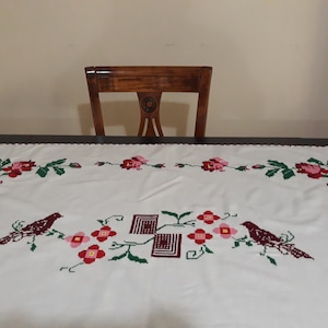 Handmade Cross Stitch Embroidery Ecru Vintage Decorative Table Runner With Rose and Bird Design, Vintage Rectangle Tablecloth