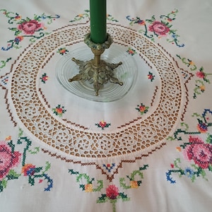 Rose Cross Stitch Embroidery Ivory Linen Tablecloth with Handmade Crochet Lace, Hand Embroidered Table Overlay, Christmas Table Cover Gift