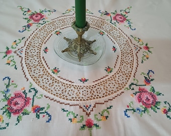 Vintage Rose Cross Stitch Linen Tablecloth with Crochet Lace