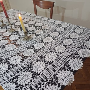 Unused Vintage White Cotton Crochet Vintage Tablecloth, Unique Hand Crocheted Lace Table Cover