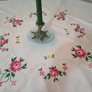 Rose Cross Stitch Ivory Linen Tablecloth, Hand Embroidered Table Overlay with Hole Pattern, Christmas Table Cover
