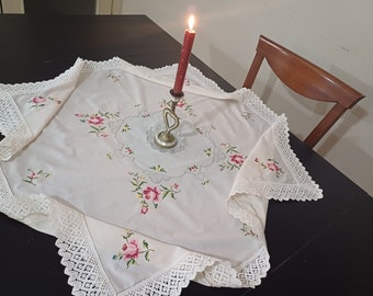 Hand Embroidered Rose Cross Stitch Linen Tablecloth with Lace Trim
