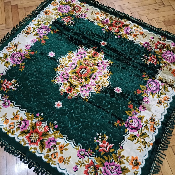 Unused Vintage Velvet Rug Square, Antique Floral Shiny Velvet Tablecloth, Sofa Cover, Blanket, Wall Hanging