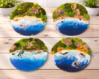 Paisaje marino de resina con musgo, arte costero de resina de 25 cm, arte mural de olas de playa con musgo, decoración costera hecha a mano, obra de arte náutico de resina y musgo