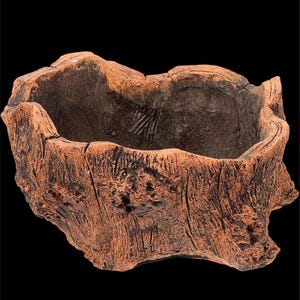 Pode incluir: Um vaso de cerâmica marrom rústico em forma de tronco de árvore. O vaso tem uma superfície áspera e texturizada e uma abertura larga e rasa.