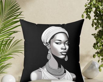 Black Woman Portrait Pillow: Square Indoor Decor, Double-Sided Print
