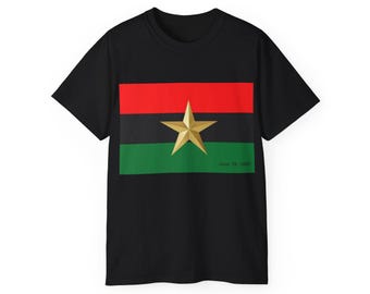 Juneteenth Commemoration Pan-African Flag Tee Shirt  Gold Texas Star Tee