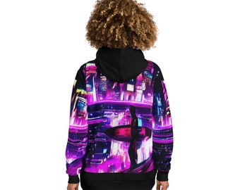 Your "City Surfer" Unisex Sweatshirt Hoodie w/ AI-Generated Design on Black Bg