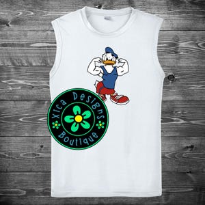 May include: White sleeveless tank top with a cartoon image of a duck wearing a blue baseball cap and red shorts. The duck is flexing its biceps. The tank top has a black circle with a green flower and the text "Xica Designs Boutique" in white.