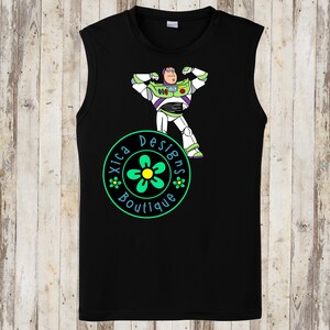 May include: Black sleeveless shirt featuring a cartoon image of Buzz Lightyear in a heroic pose. The shirt includes a circular logo with the text "Xica Designs Boutique" and a flower design in green and yellow.