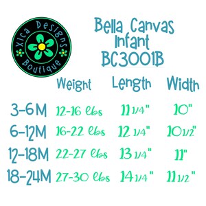 Pu&ograve; includere: Grafica con il testo "Bella Canvas Infant BC3001B" e specifiche delle taglie per neonati. Le misure sono in pollici e libbre, comprese lunghezza, larghezza e intervalli di peso per diverse fasce d'et&agrave;.