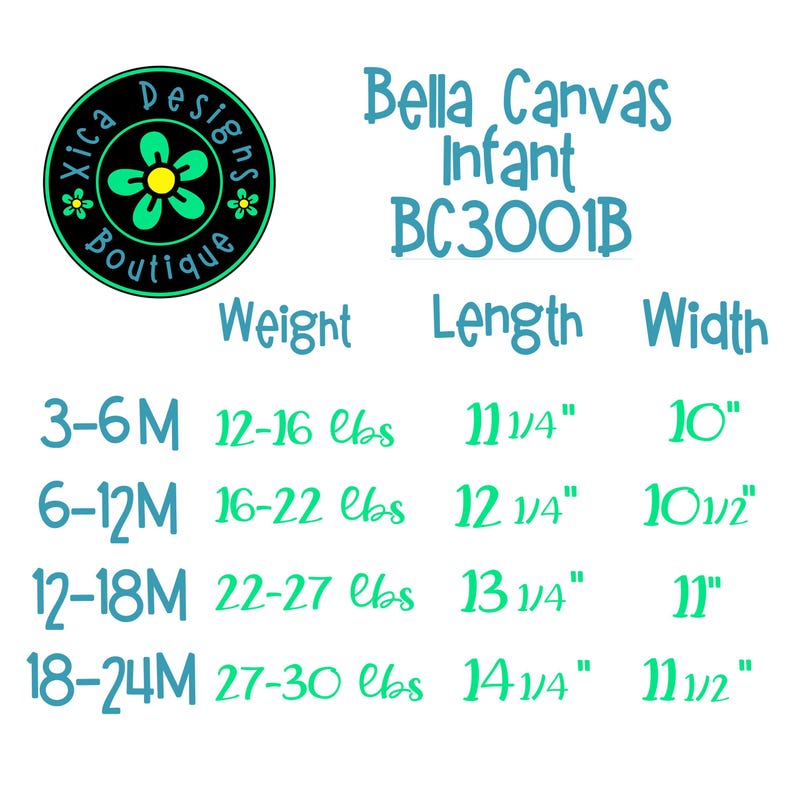 Pu&ograve; includere: Grafica con il testo "Bella Canvas Infant BC3001B" e specifiche delle taglie per neonati. Le misure sono in pollici e libbre, comprese lunghezza, larghezza e intervalli di peso per diverse fasce d'et&agrave;.