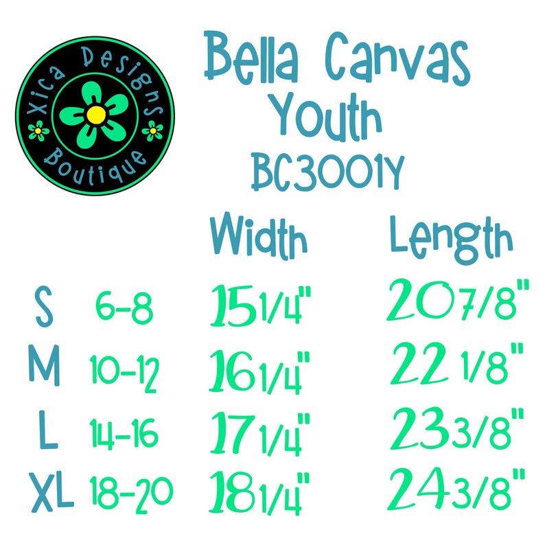 Pu&ograve; includere: Tabella delle taglie per abbigliamento Bella Canvas Youth. Le taglie vanno dalla S alla XL, con misure di larghezza e lunghezza in pollici. &Egrave; presente anche il logo Xica Designs Boutique.