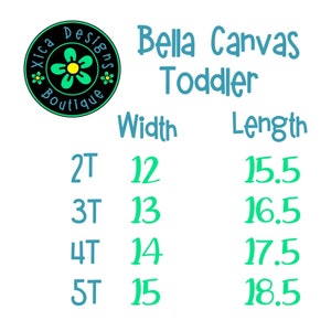 K&ouml;nnte beinhalten: Eine Tabelle mit den Gr&ouml;&szlig;en f&uuml;r Bella Canvas Toddler mit den Ma&szlig;en f&uuml;r Breite und L&auml;nge in Zoll. Die Tabelle zeigt die Gr&ouml;&szlig;en 2T, 3T, 4T und 5T mit den entsprechenden Ma&szlig;en f&uuml;r Breite und L&auml;nge.