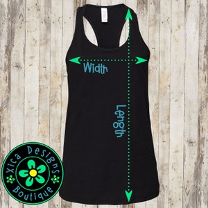 May include: Black tank top with a racerback style. The tank top is measured for length and width.
