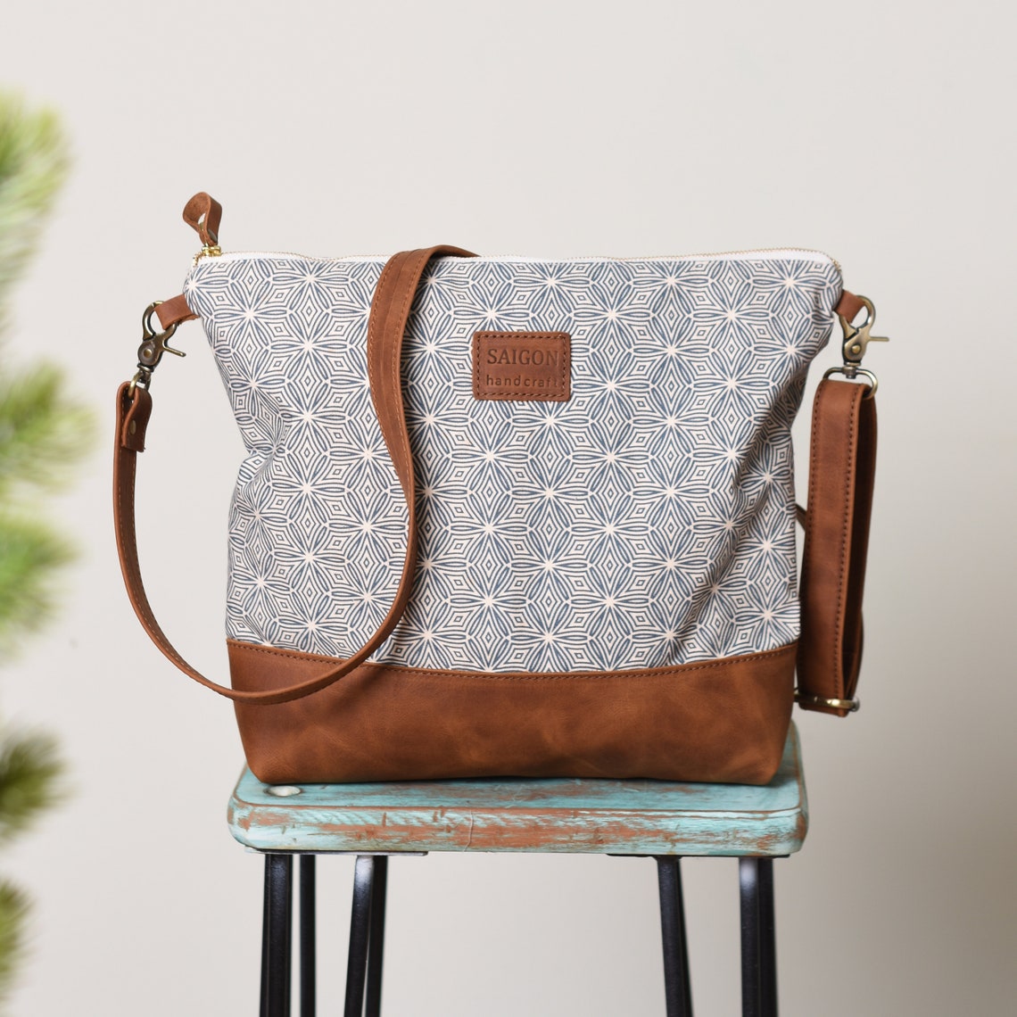 Real Leather Canvas Bag Crossbody Purse Canvas Bag Geometric Etsy