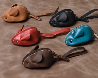 Handmade Leather Mouse Coin Purse: Zipper Keychain Key Case