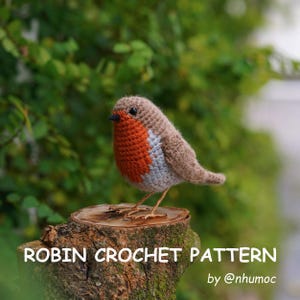 Op de afbeelding: Een gehaakte roodborst met een bruin lichaam, een oranje borst en grijze accenten. De vogel zit op een kleine houten stronk. De tekst "ROBIN CROCHET PATTERN" staat eronder.