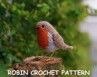 Op de afbeelding: Een gehaakte roodborst met een bruin lichaam, een oranje borst en grijze accenten. De vogel zit op een kleine houten stronk. De tekst "ROBIN CROCHET PATTERN" staat eronder.